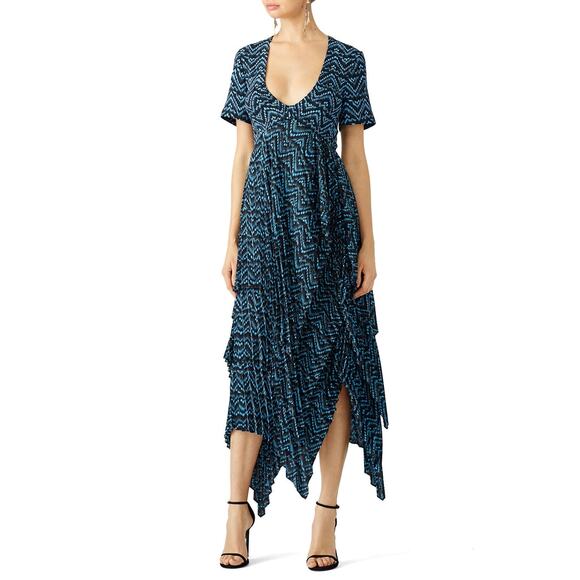 A.L.C. Blue Black Printed 100% Silk Scoop Neck Tiered Skirt Kylia Dress size 0 - Picture 11 of 16